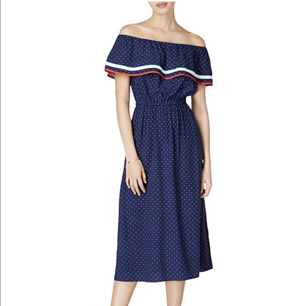 Maison Jules Navy Polka Dot Off-Shoulder Midi Dress with Red & White Trim